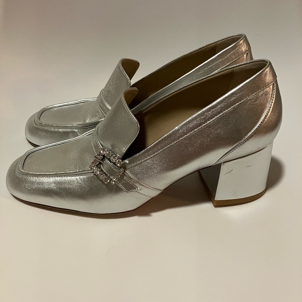 Stuart Weitzman Silver geo Loafers heels with Crystal Buckle 10.5